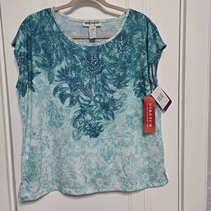 Ruby Rd. Teal Floral Scoop-Neck Tee with Rhinestone Detail